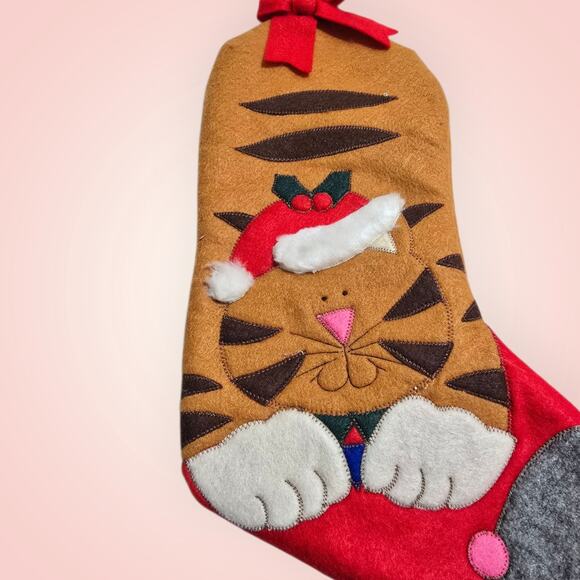 Vtg Kitty Christmas Stocking Hinged Tale 18" Orange Striped Cat Santa Mouse - Picture 4 of 7